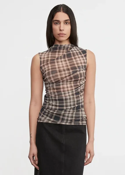 Enza Costa Plaid Mesh Sleeveless Twist Top (4)