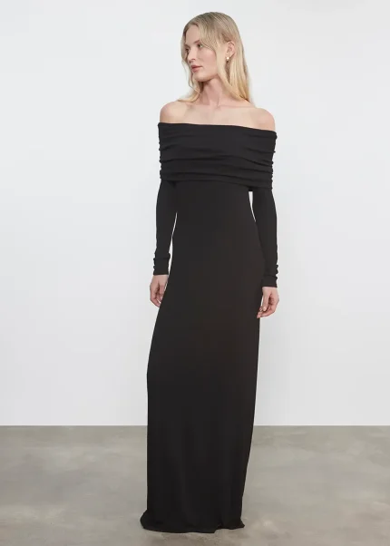 Enza Costa Silk Rib Off Shoulder Fluid Dress Black (2)