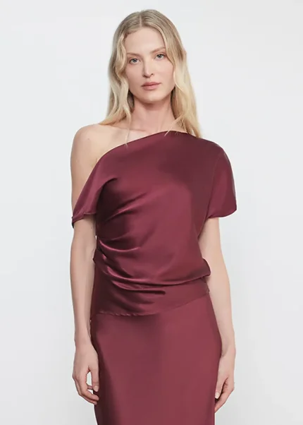 Enza Costa Silk Satin Asymmetrical Drape Top Carmine (4)